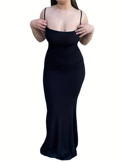 estido de alças finas de cor sólida para mulheres, vestido longo justo, sem mangas.