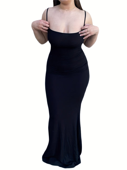estido de alças finas de cor sólida para mulheres, vestido longo justo, sem mangas.