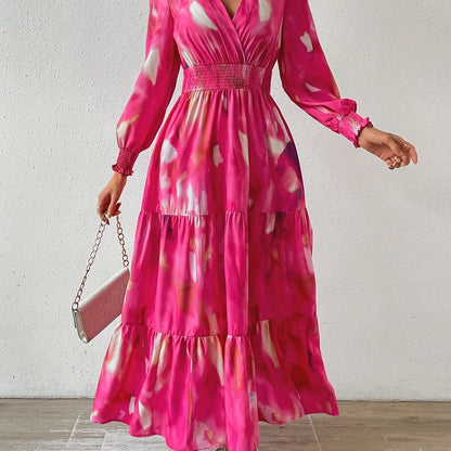 Vestido elegante midi de poliéster para todas as estações com decote em V.