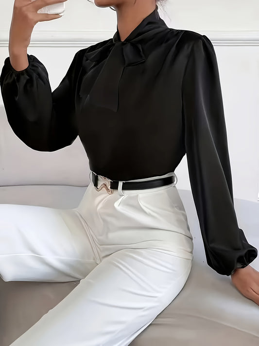 Blusa de cor sólida com amarração no pescoço,Blusa elegante de manga comprida.