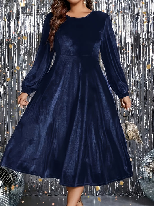 Vestido de veludo  com cintura marcada, manga comprida, gola redonda.