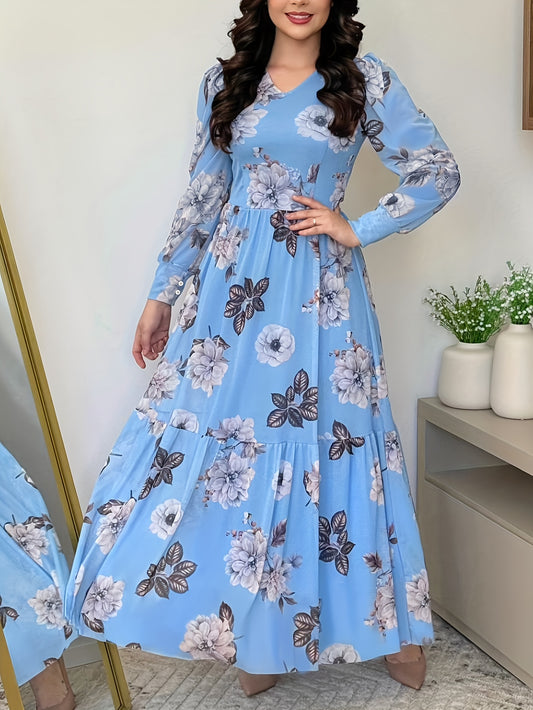 Vestido chique com estampa floral e decote em V para mulheres .