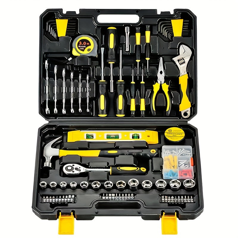 Conjunto de ferramentas manuais de aço carbono com 108 peças.