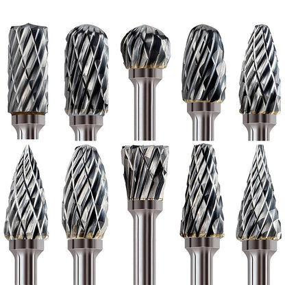 Conjunto de 10 rebarbas de carboneto de tungstênio de corte duplo - Compatível com ferramentas rotativas Dremel, para madeira, metal, pedra, pedras preciosas