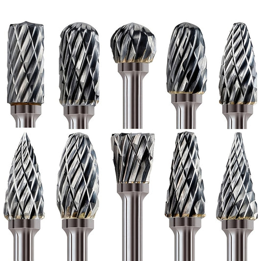 Conjunto de 10 rebarbas de carboneto de tungstênio de corte duplo - Compatível com ferramentas rotativas Dremel, para madeira, metal, pedra, pedras preciosas
