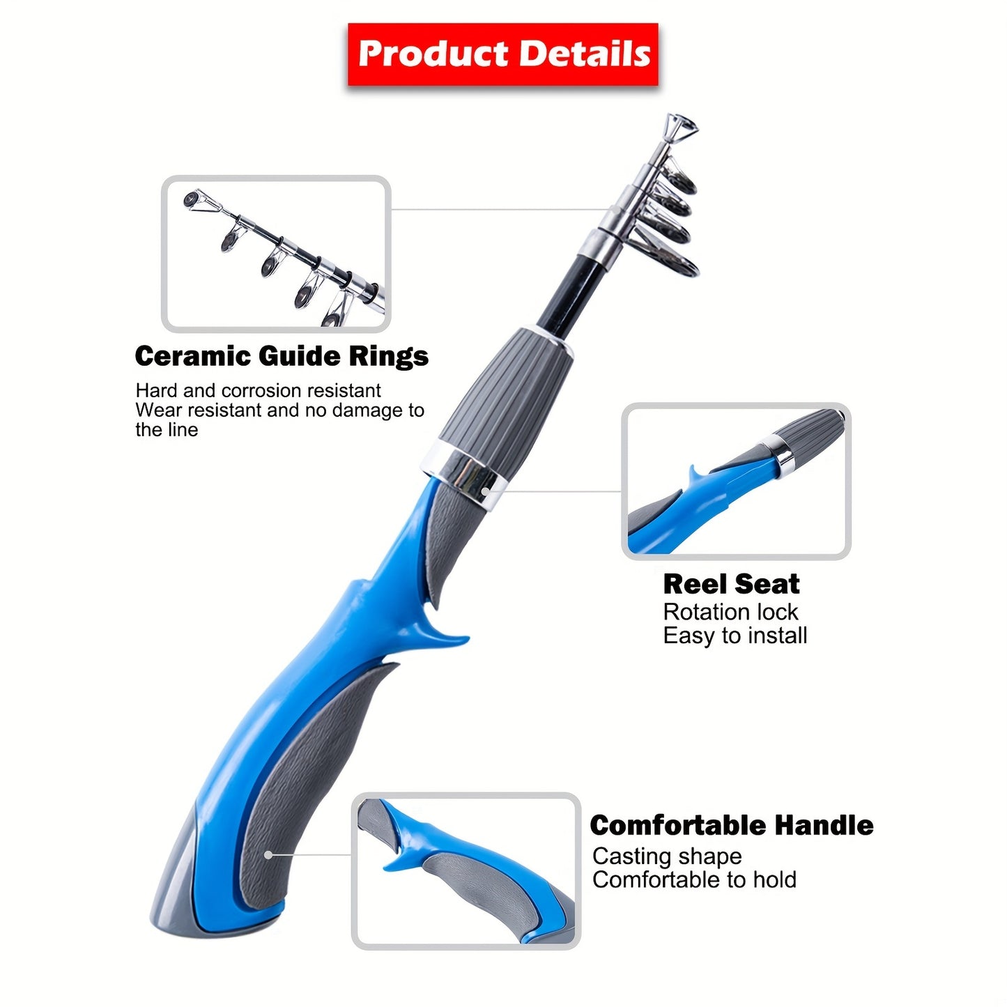 Kit combinado de vara de pesca telescópica portátil e carretel - 130 cm, isca incluída