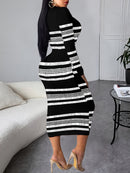 Vestido midi feminino listrado casual de poliéster com decote redondo e ajuste justo.