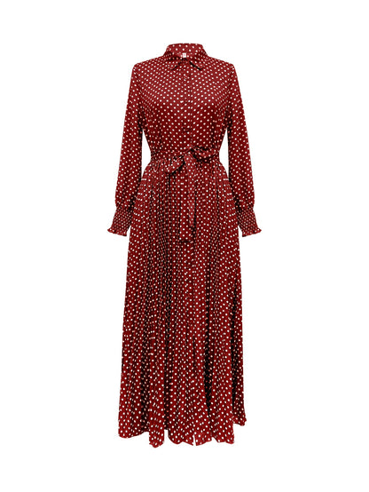 Vestido-camisa com estampa de bolinhas e botões na frente, vestido longo elegante.