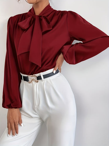 Blusa de cor sólida com amarração no pescoço,Blusa elegante de manga comprida.