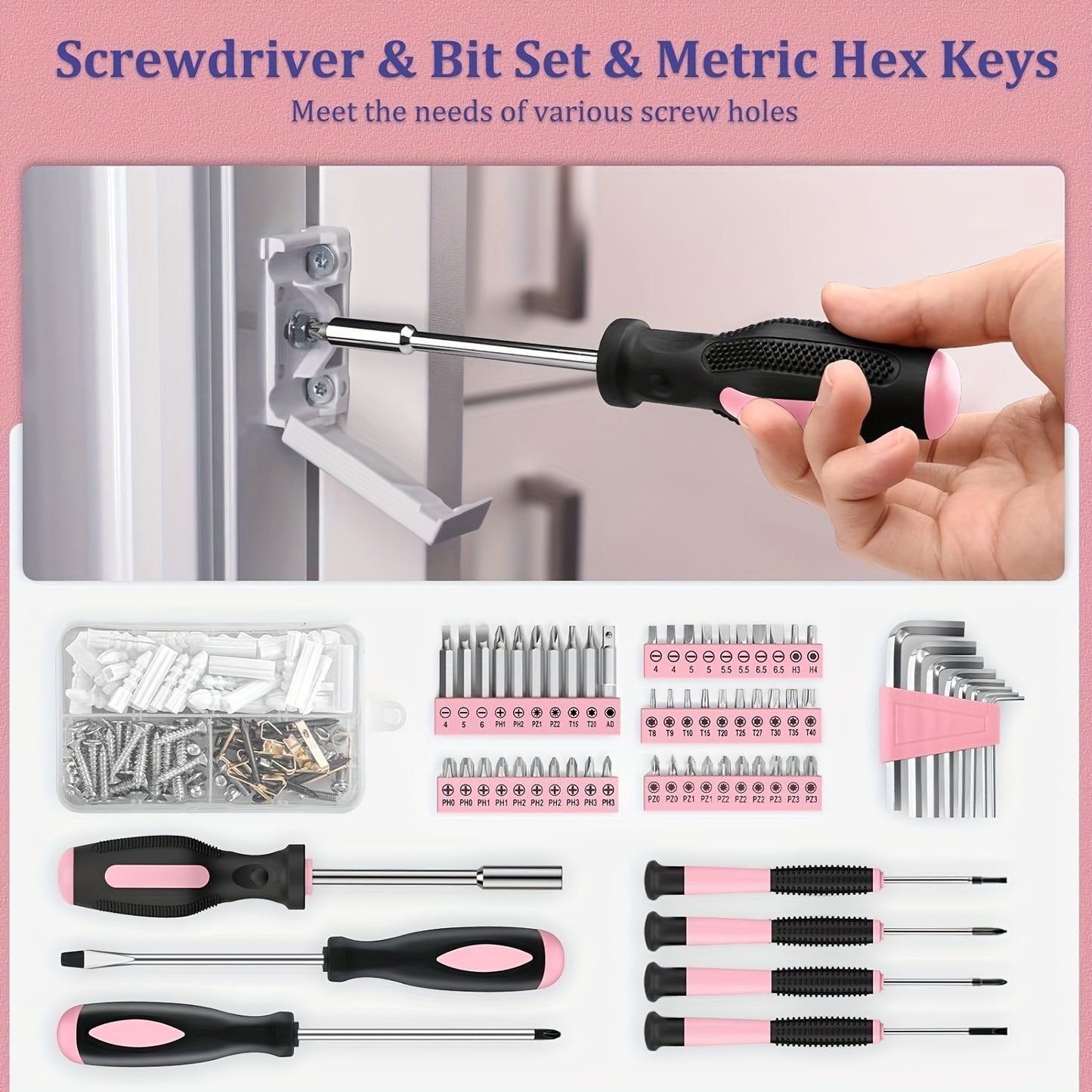 Kit de ferramentas para casa rosa com 281 peças.
