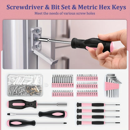 Kit de ferramentas para casa rosa com 281 peças.