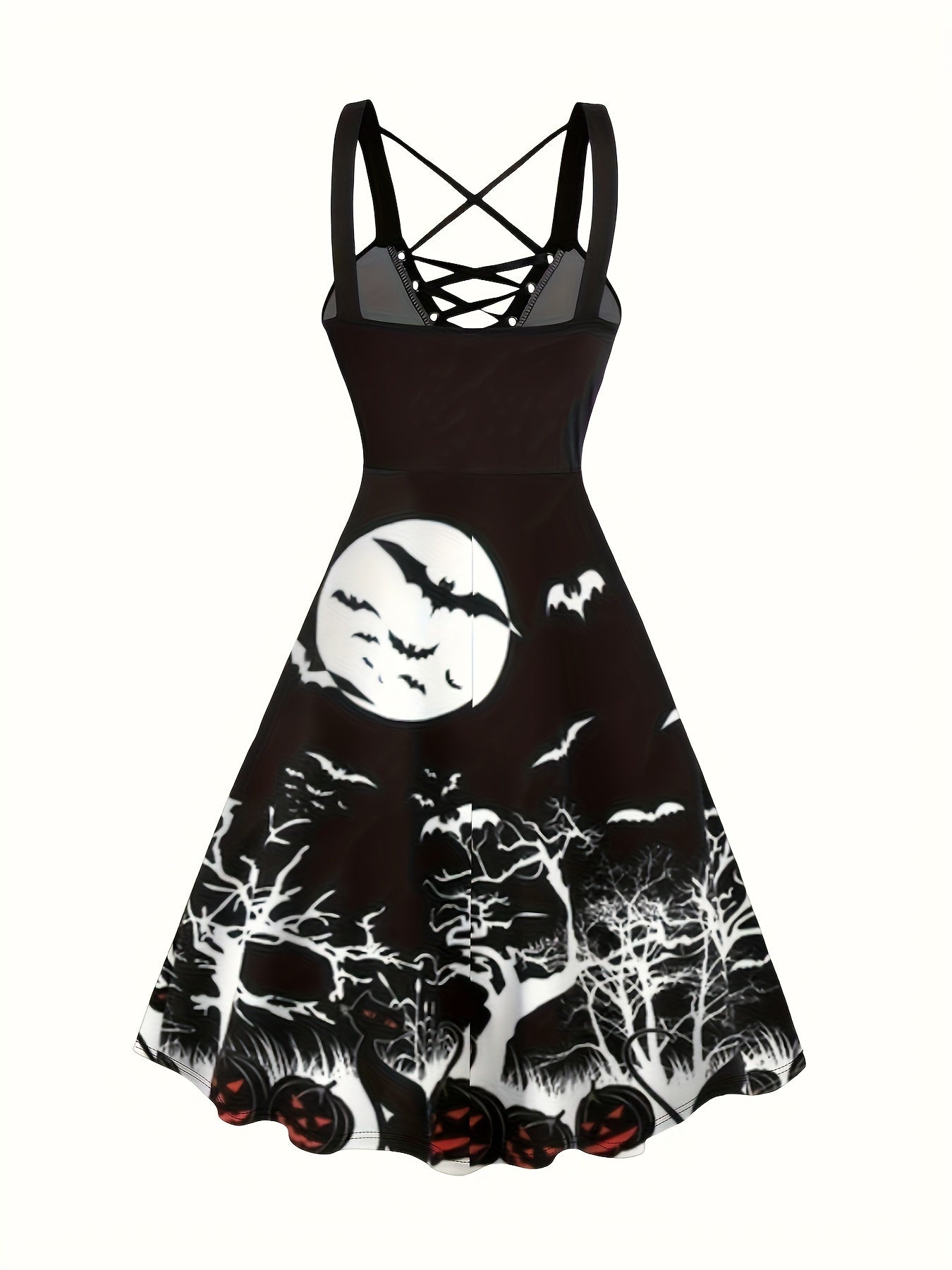 Vestido midi elegante com estampa de abóbora e corte em A.