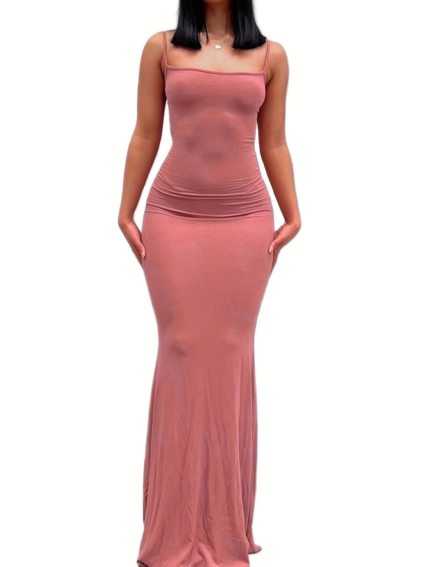estido de alças finas de cor sólida para mulheres, vestido longo justo, sem mangas.