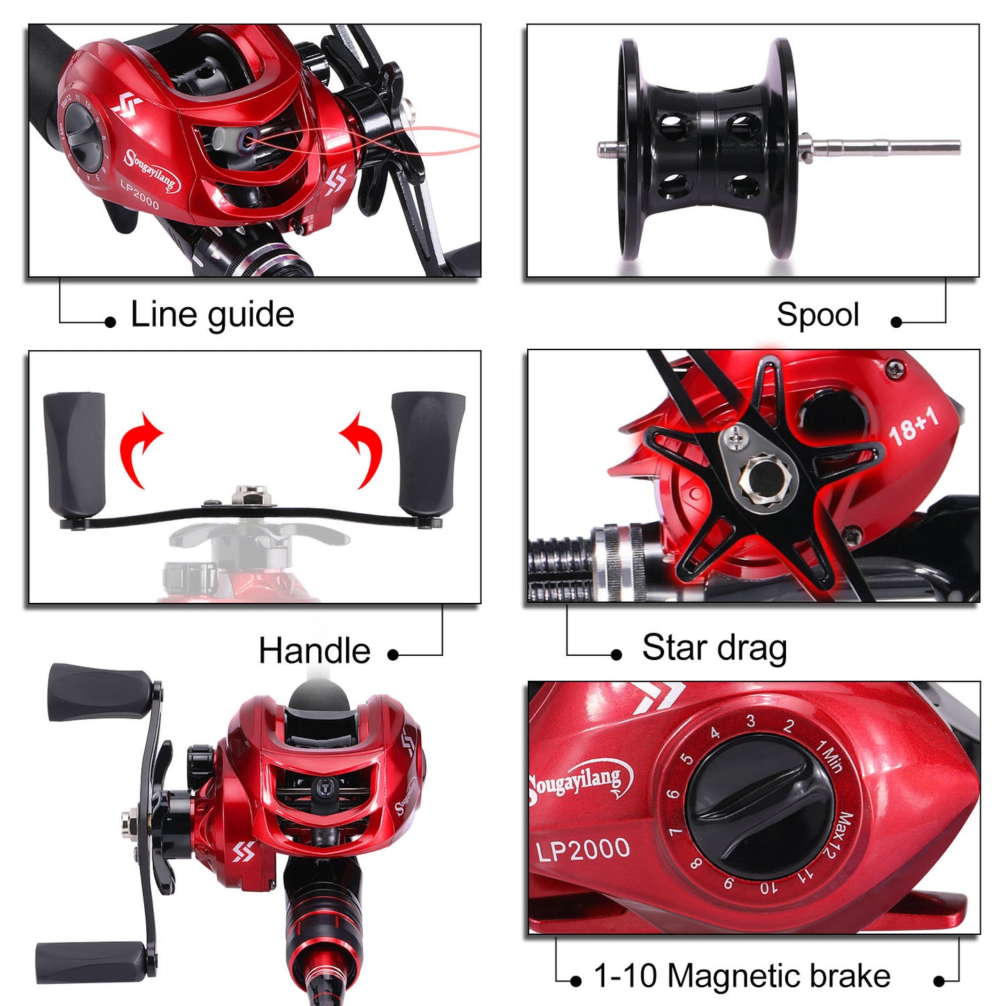 Conjunto de vara e carretilha de pesca Sougayilang Baitcasting - Vara de carbono