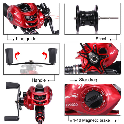 Conjunto de vara e carretilha de pesca Sougayilang Baitcasting - Vara de carbono