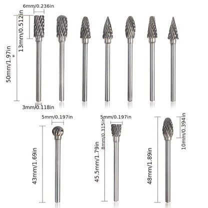 Conjunto de 10 rebarbas de carboneto de tungstênio de corte duplo - Compatível com ferramentas rotativas Dremel, para madeira, metal, pedra, pedras preciosas