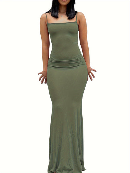 estido de alças finas de cor sólida para mulheres, vestido longo justo, sem mangas.