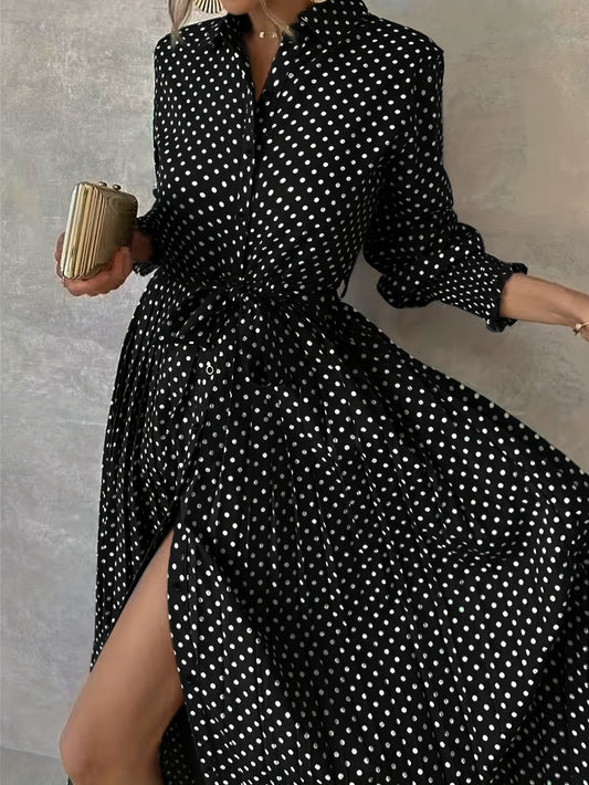 Vestido-camisa com estampa de bolinhas e botões na frente, vestido longo elegante.
