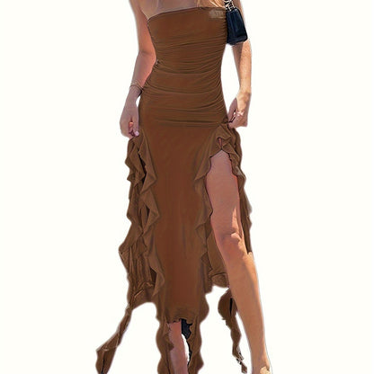 Vestido tubinho com babados e cor sólida, sexy, sem alças, para festa e balada.