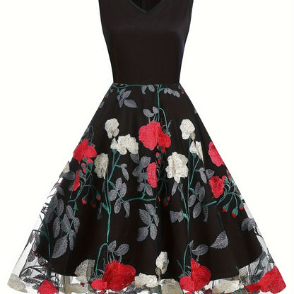 Vestido blusa de poliéster bordado com estampa floral vintage para todas as estações.