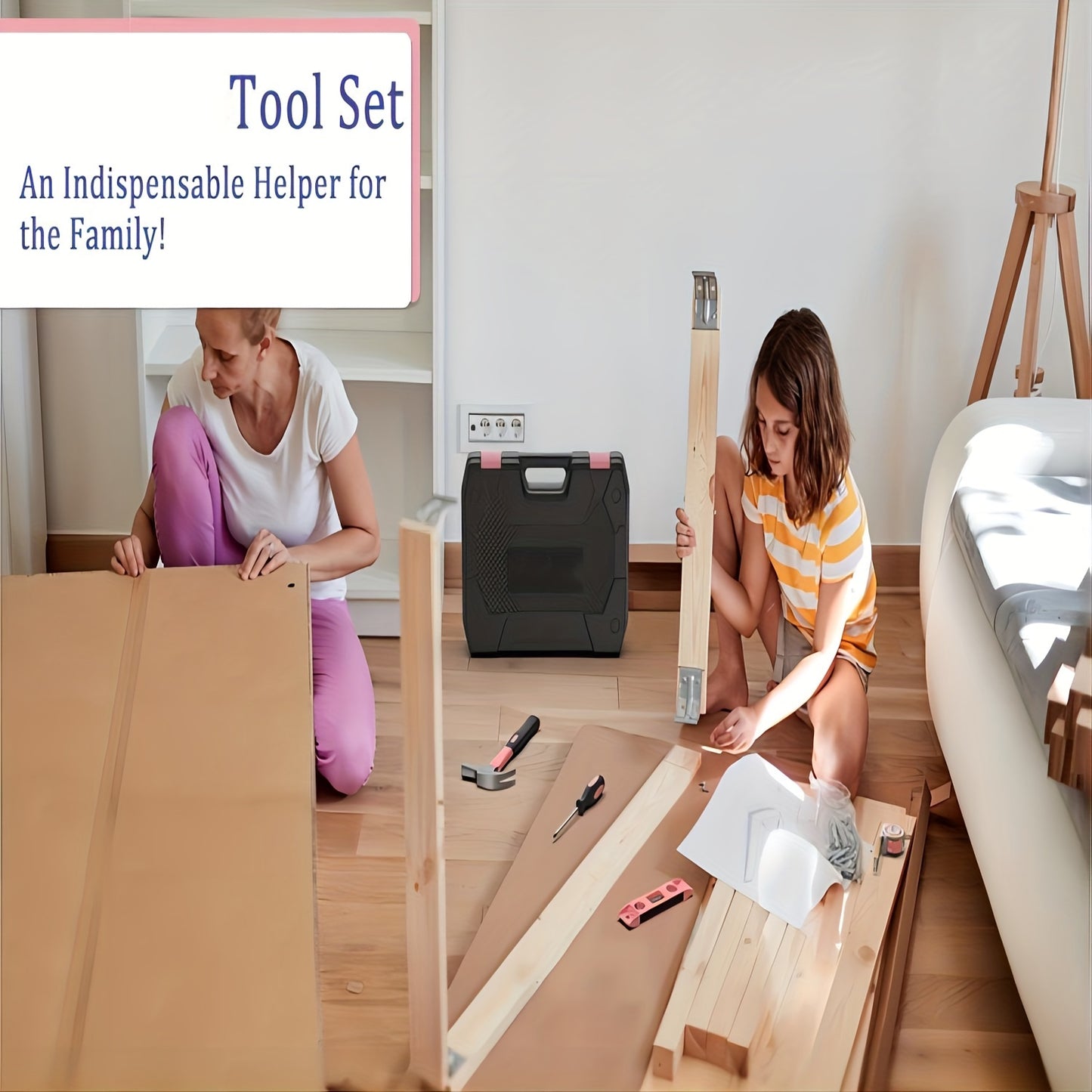 Kit de ferramentas para casa rosa com 281 peças.