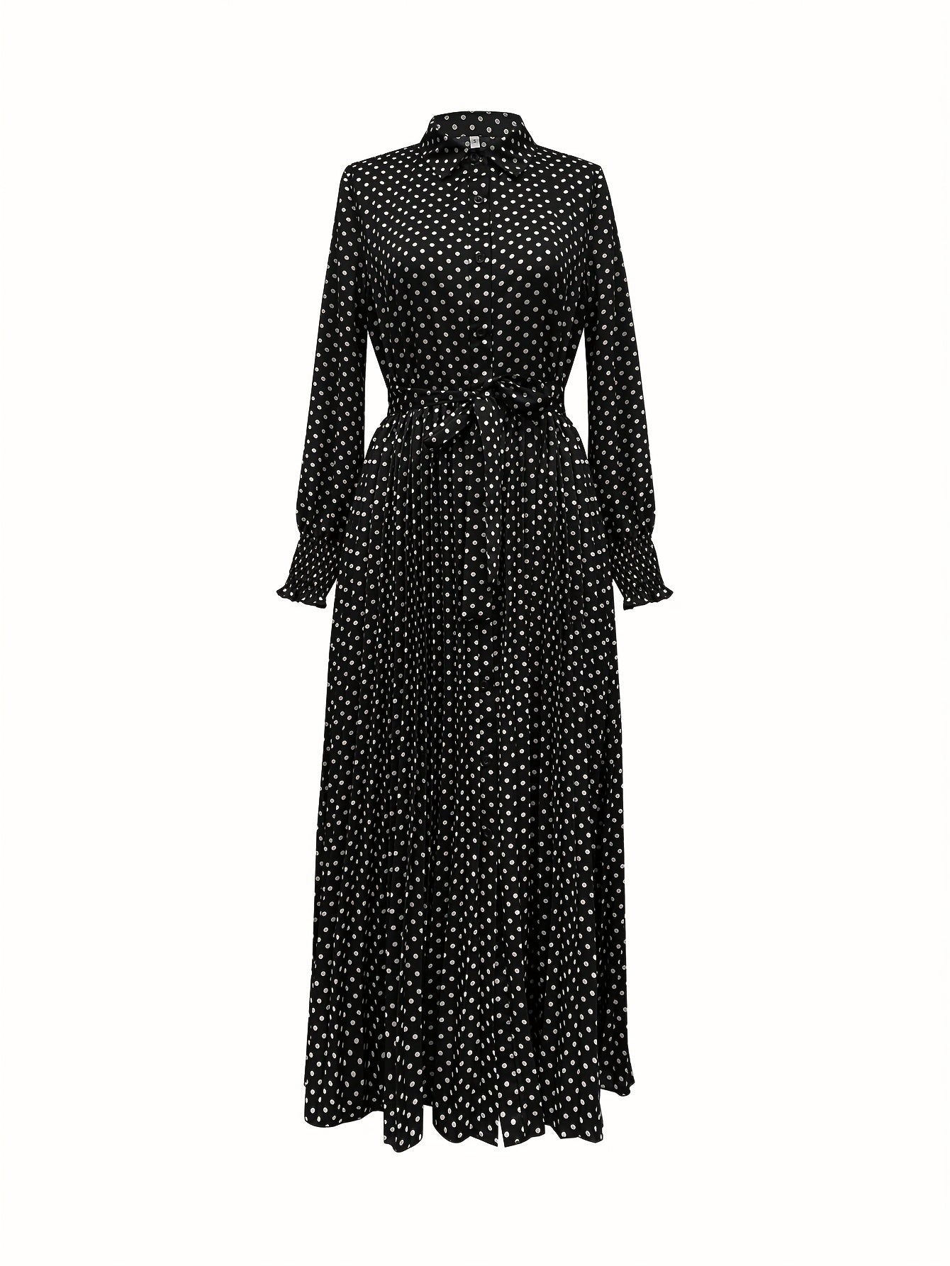 Vestido-camisa com estampa de bolinhas e botões na frente, vestido longo elegante.