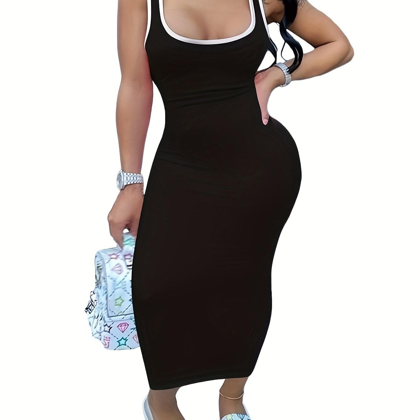Vestido midi com decote quadrado e acabamento contrastante.