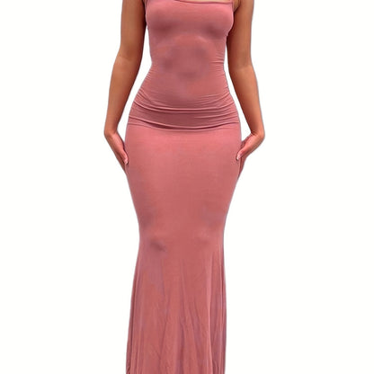 estido de alças finas de cor sólida para mulheres, vestido longo justo, sem mangas.