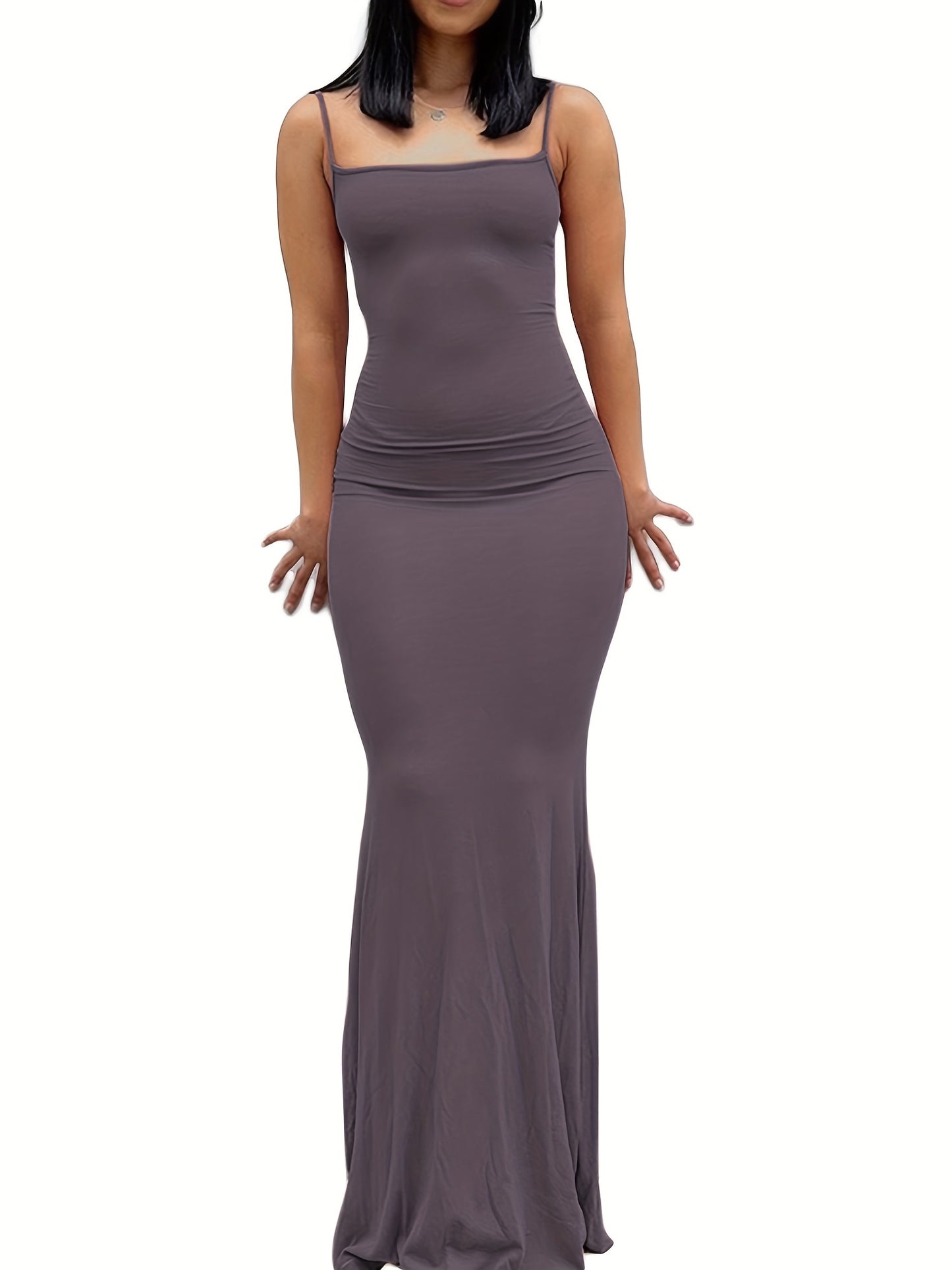 estido de alças finas de cor sólida para mulheres, vestido longo justo, sem mangas.