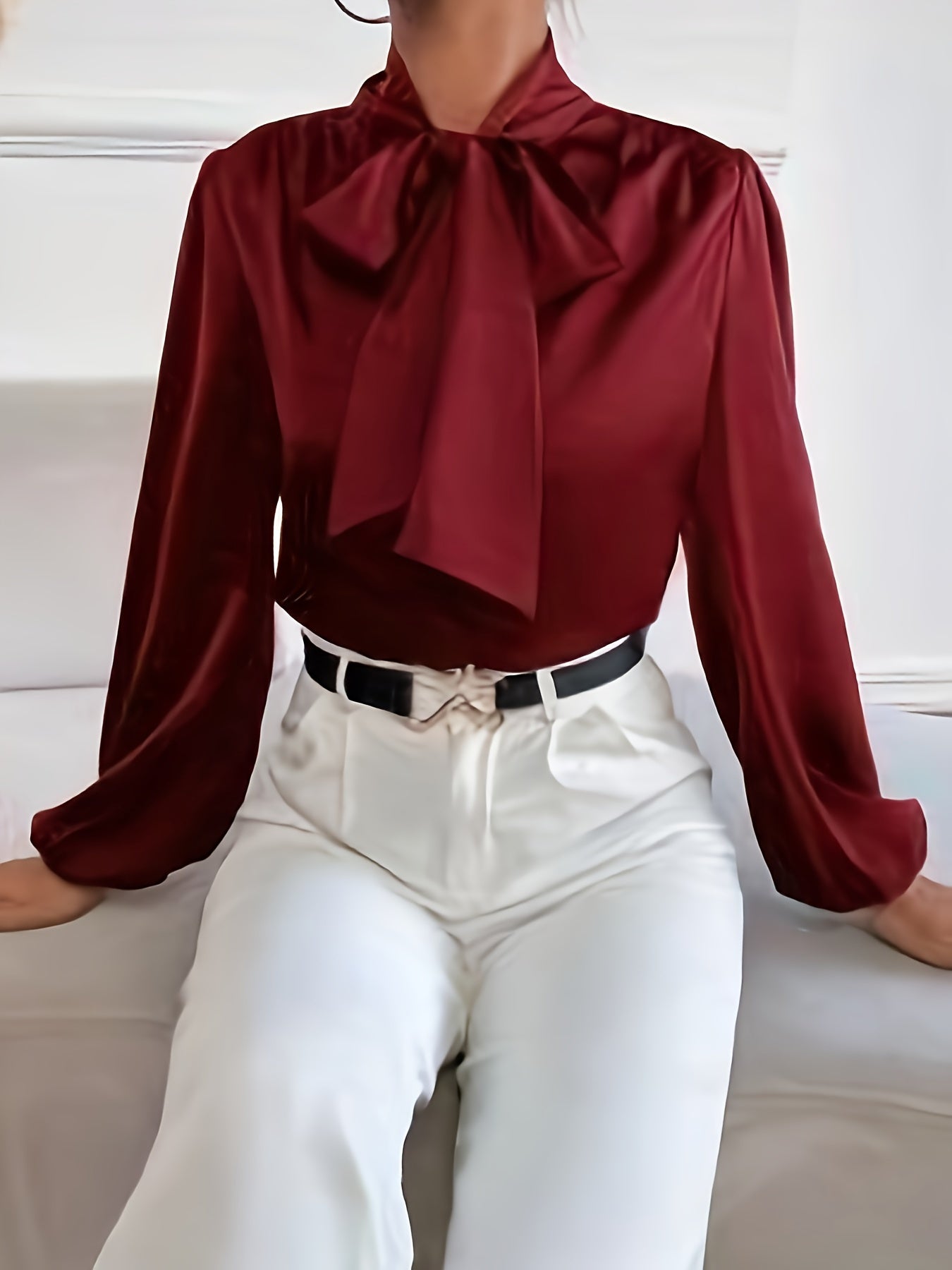 Blusa de cor sólida com amarração no pescoço,Blusa elegante de manga comprida.