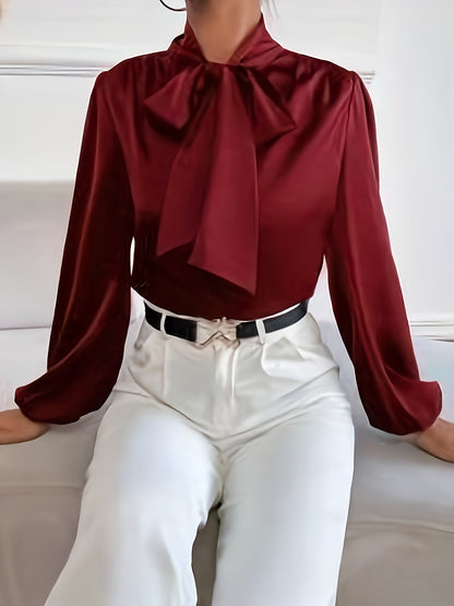 Blusa de cor sólida com amarração no pescoço,Blusa elegante de manga comprida.