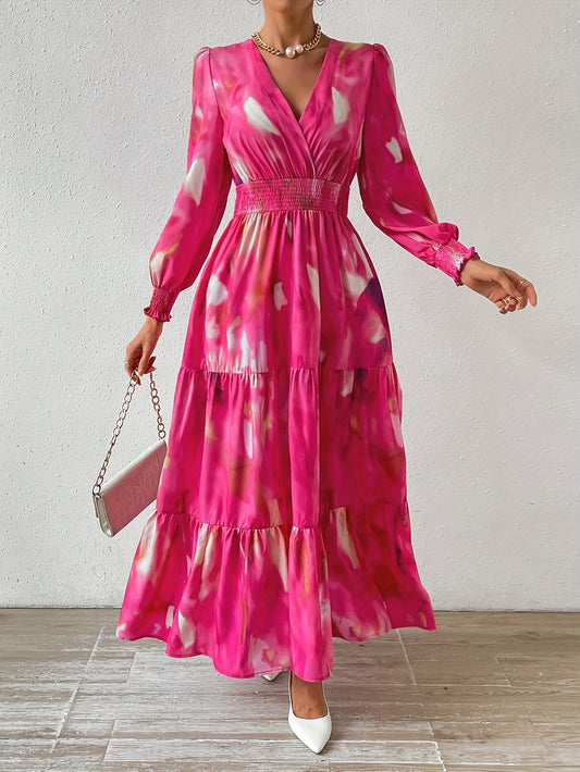 Vestido elegante midi de poliéster para todas as estações com decote em V.