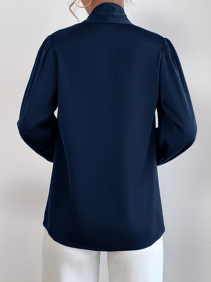 Blusa de cor sólida com amarração no pescoço,Blusa elegante de manga comprida.