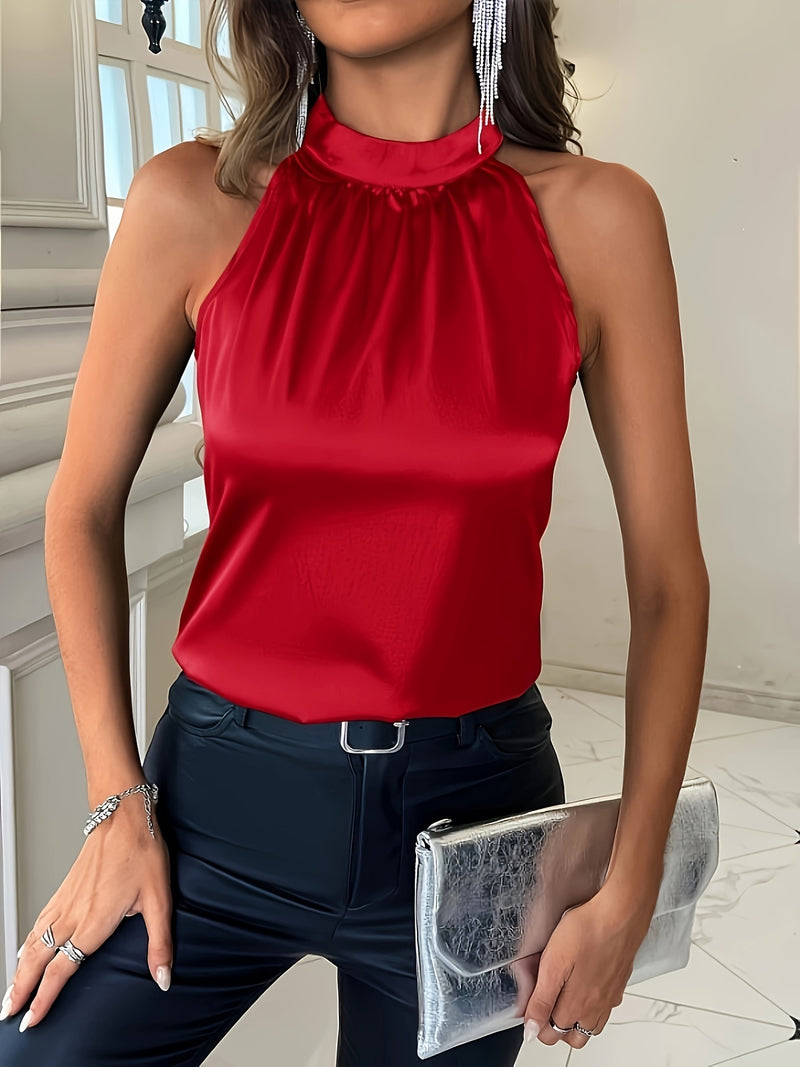 Blusa chique de poliéster sem mangas com decote plissado, lavável à máquina, ideal para primavera/verão/outono.