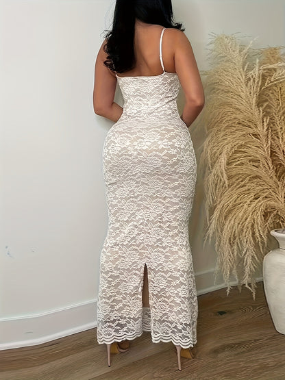 Vestido de renda guipura com alças finas, vestido sexy sem mangas justo.